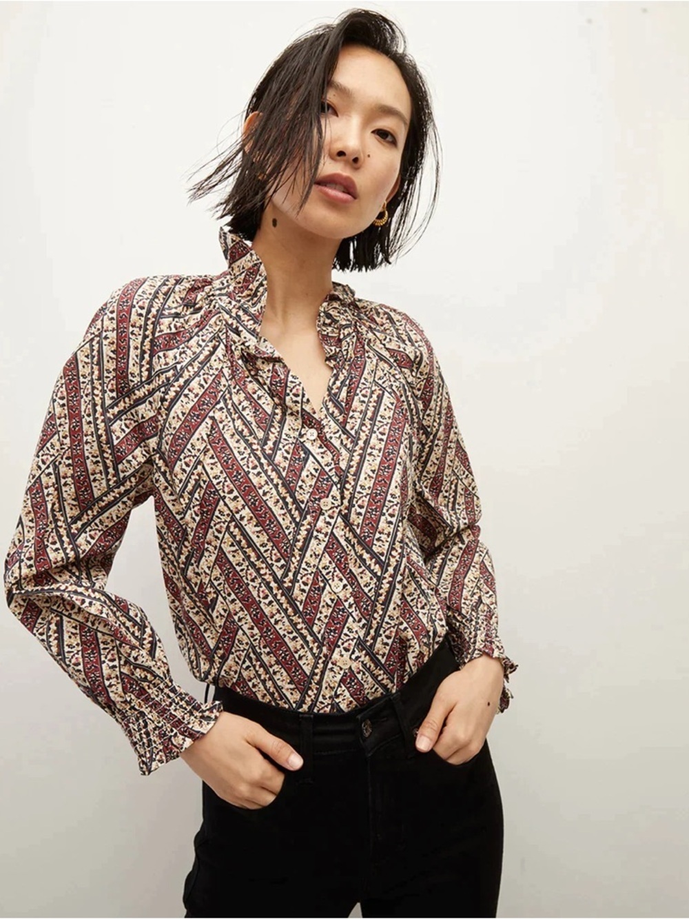 Veronica Beard Calisto Printed Button Down Blouse Ruffle in Ecru Multi EUC